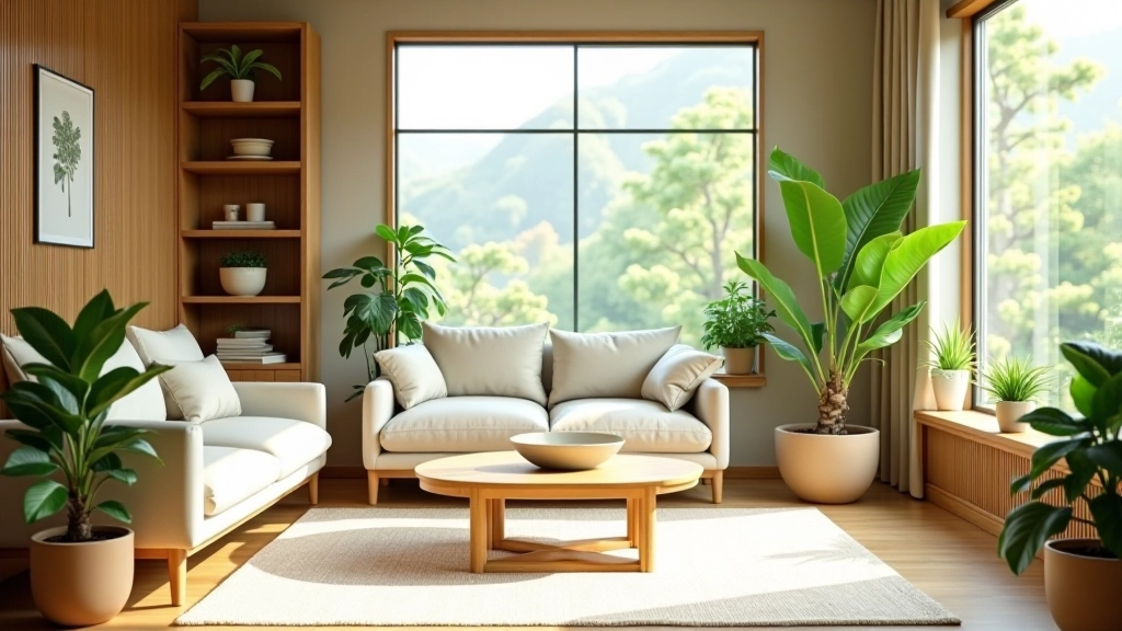 Eco-friendly living room with plants, sustainable furniture, and natural daylight creating a fresh green-toned interior space