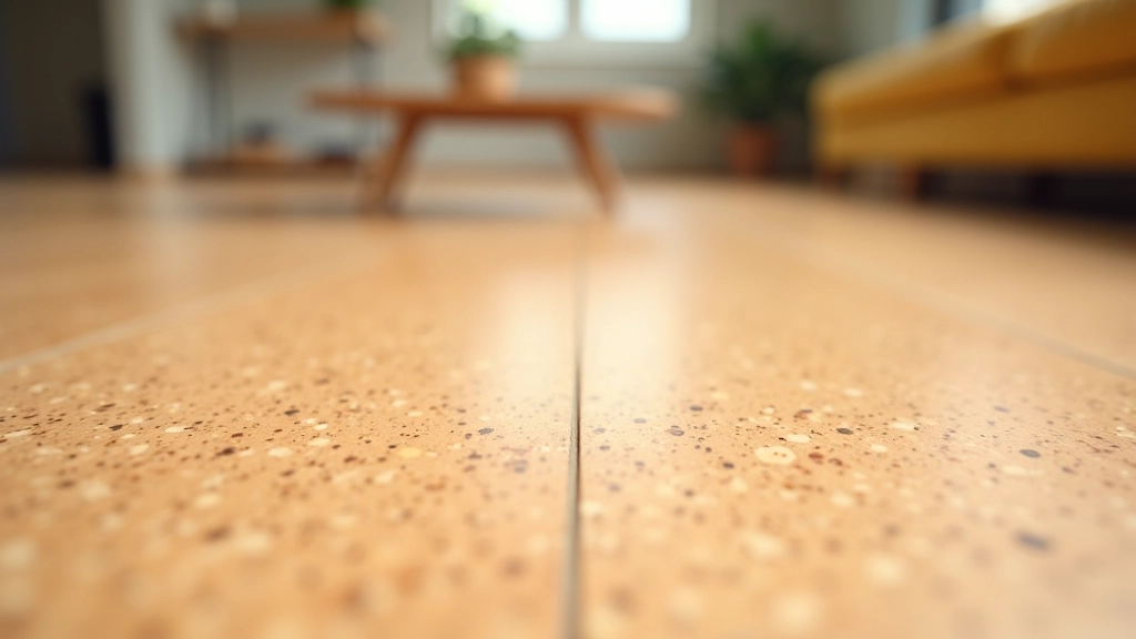 Cork flooring sample with close-up texture detail showing natural pattern, warm honey tones, modern interior setting