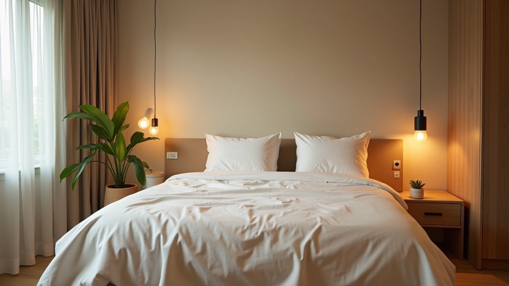 Modern bedroom with energy-efficient lighting, sustainable bedding materials, and plants demonstrating an eco-conscious bedroom design