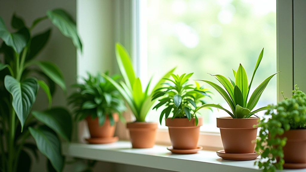 Indoor plants in various pots creating a lush green space in a minimalist room with natural daylight