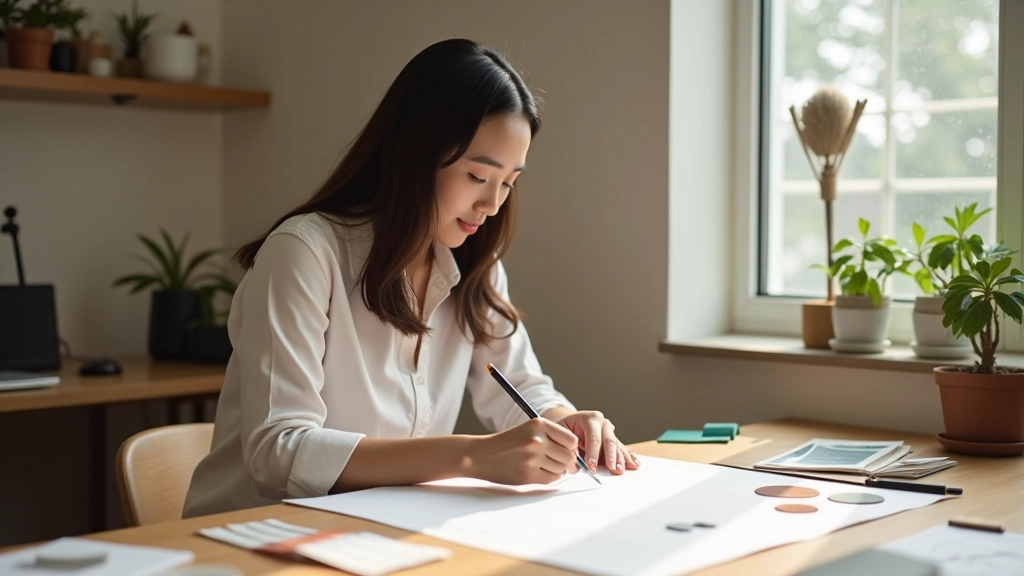 Designer sketching eco-friendly furniture plans on paper with sustainable material samples nearby on workspace