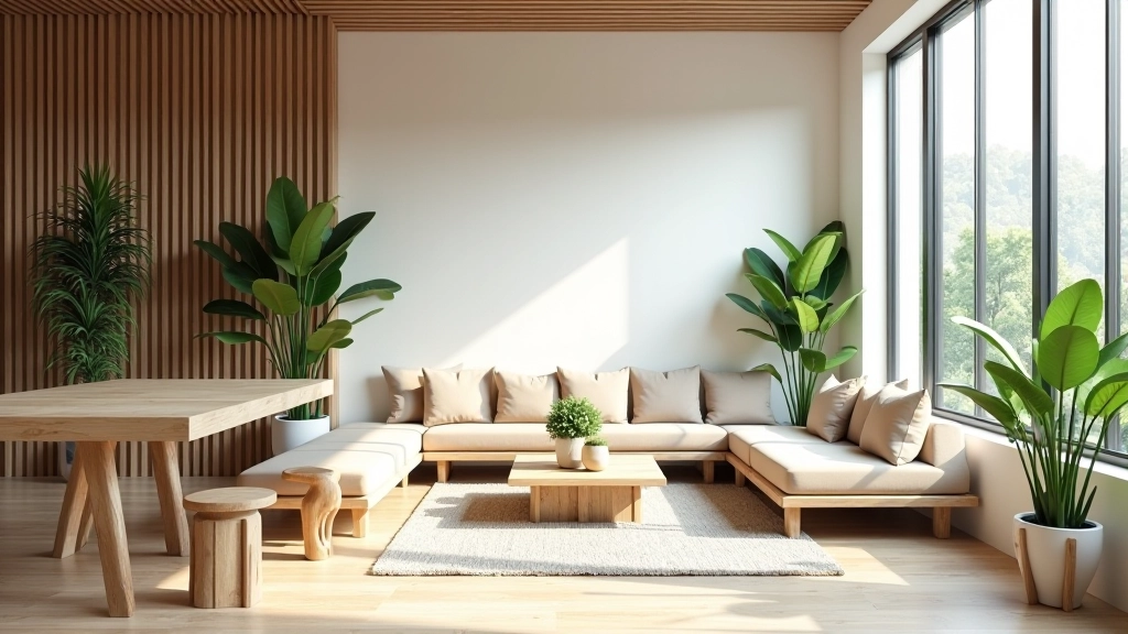 Modern minimalist interior with sustainable wooden furniture and natural green plants creating an eco-friendly living space